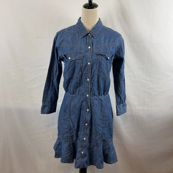 Veronica Beard Chambray Dress 10 Blue Snap Front Long Sleeve Pucker Pleats - Picture 1 of 13